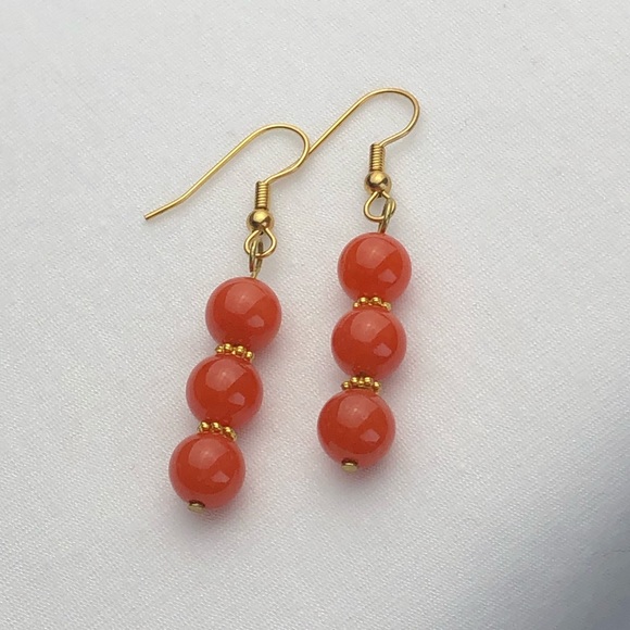 Handmade Carnelian and Gold Dangling Earrings - Picture 1 of 5
